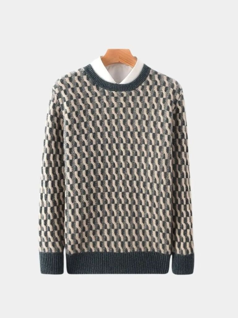 100% Wool Geometric Crew Neck Pullover Sweater — North Row | Collar Detail