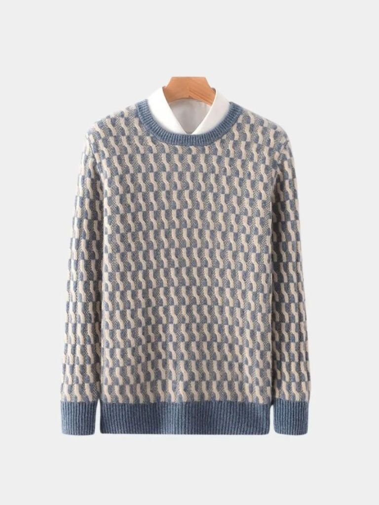 100% Wool Geometric Crew Neck Pullover Sweater — North Row | Model Wearing