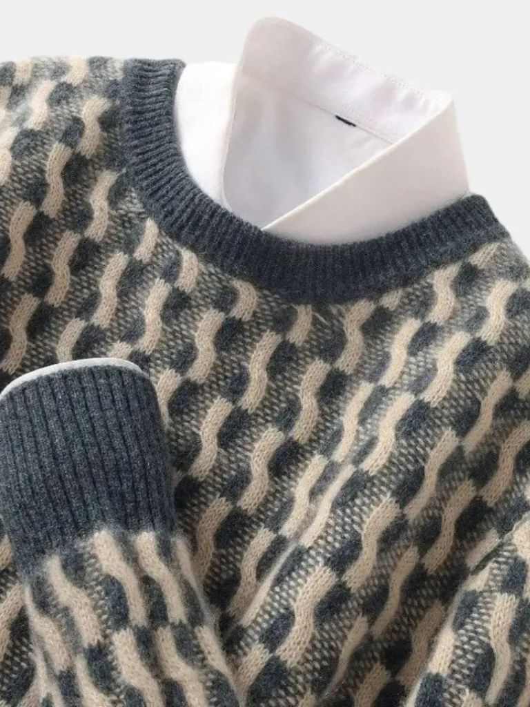 100% Wool Geometric Crew Neck Pullover Sweater — North Row | Flat Lay