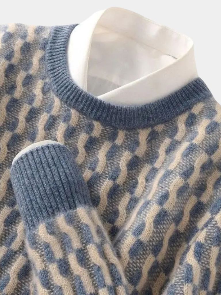 100% Wool Geometric Crew Neck Pullover Sweater — North Row | Close-Up