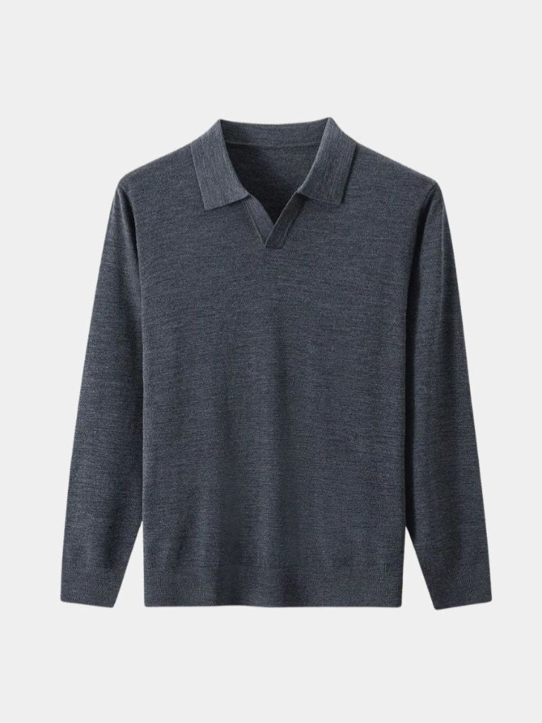100% Wool Knit V Neck Turndown Polo Pullover — North Row | Close-Up