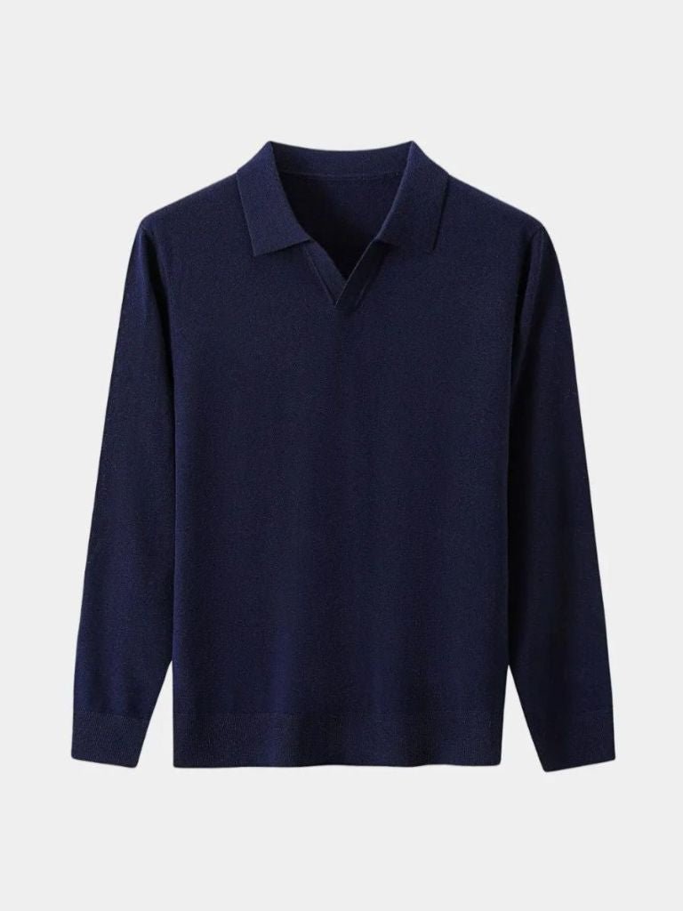 100% Wool Knit V Neck Turndown Polo Pullover — North Row | Flat Lay