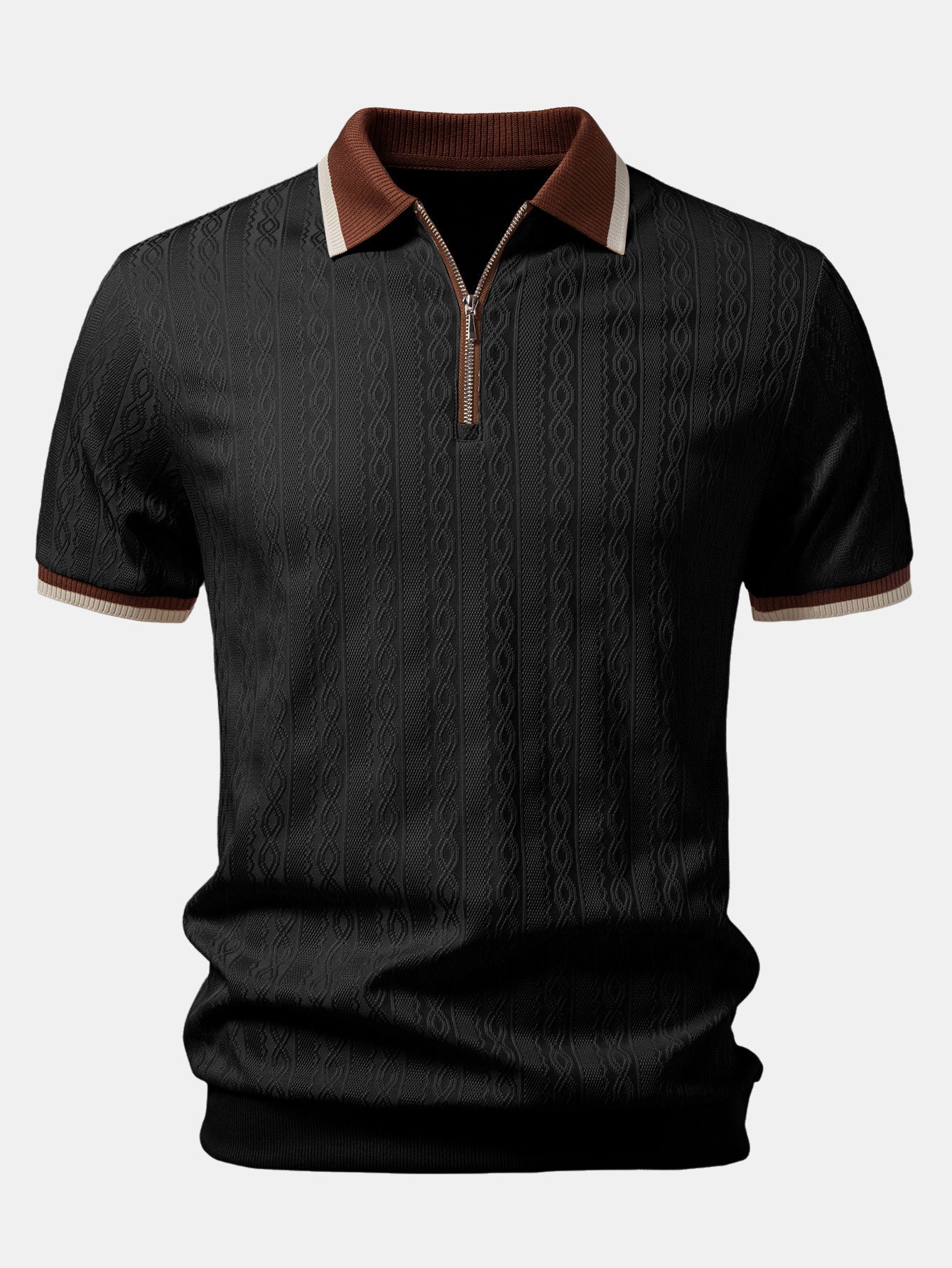 Contrast Trim Textured Zipper Knit Polo — North Row | Back View