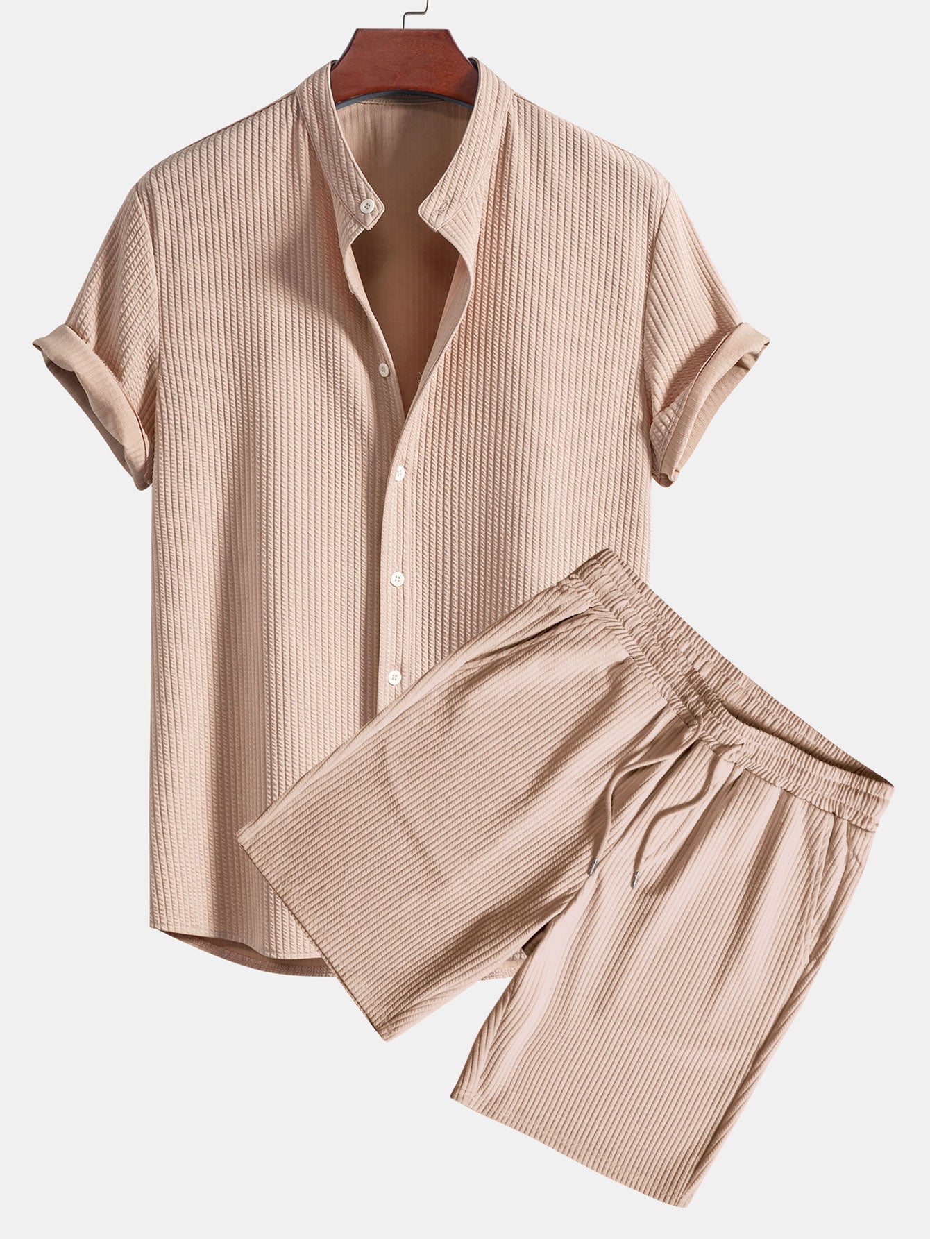 Muscle Fit Ribbed Stand Collar Shirt & Shorts — North Row | Close-Up