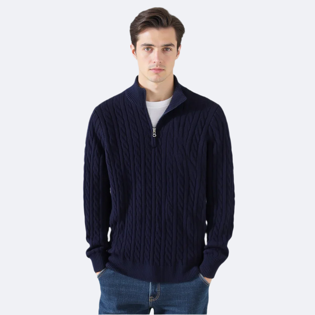 Cable Zipped Cable Sweater — North Row | Side View