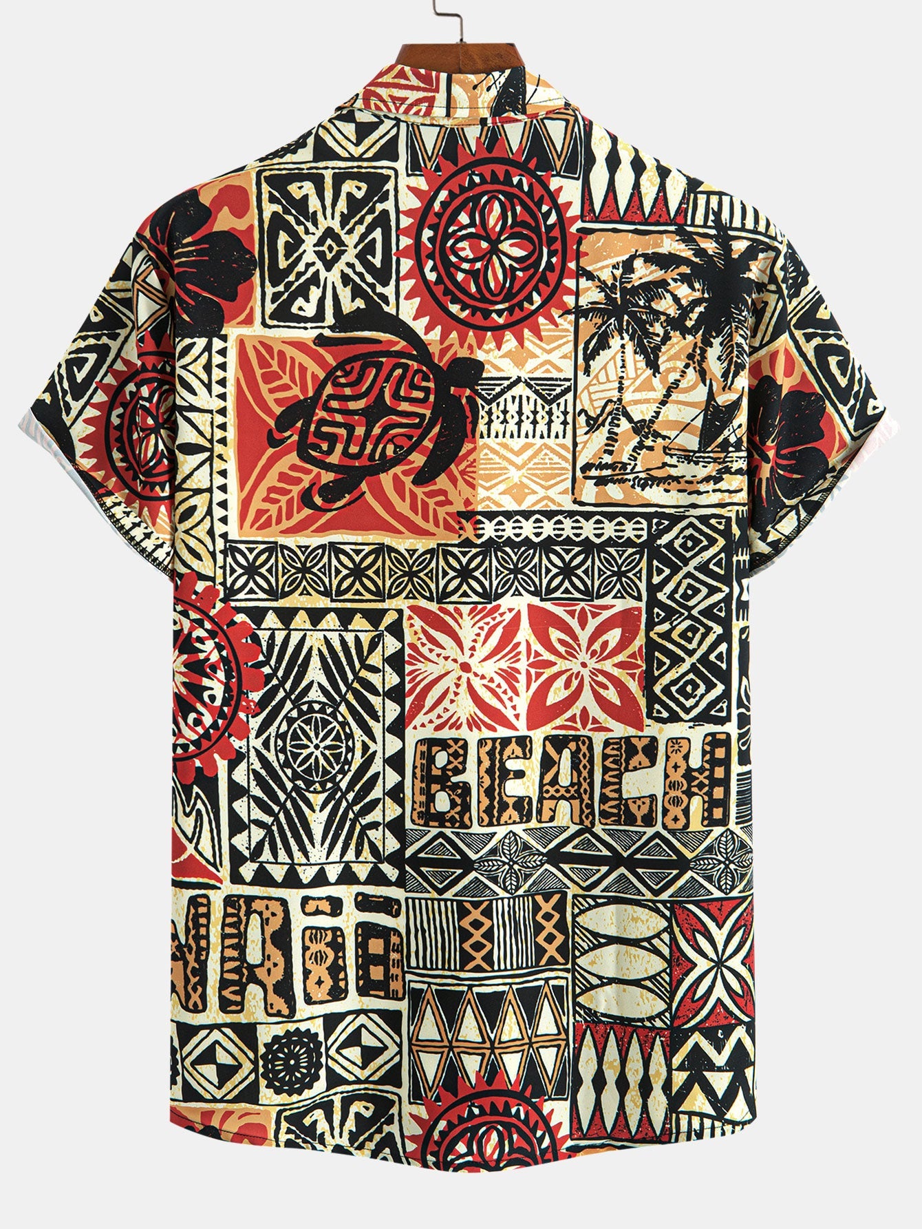 Palm Tree Turtle Ethnic Geometry Print Button Up Shirt & Swim Shorts — North Row | Back View
