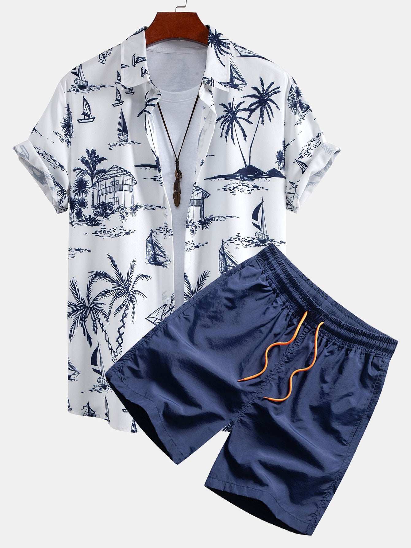 Island Sailing Print Button Up Shirt & Swim Shorts — North Row | Front View