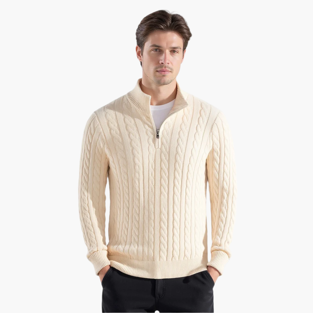 Cable Zipped Cable Sweater — North Row | Model Wearing