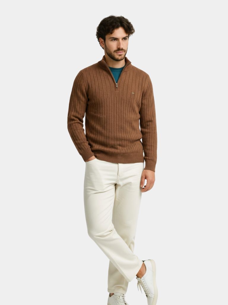 Cotton Knit Vertical Stripes Quarter-Zip Sweater — North Row | Back View
