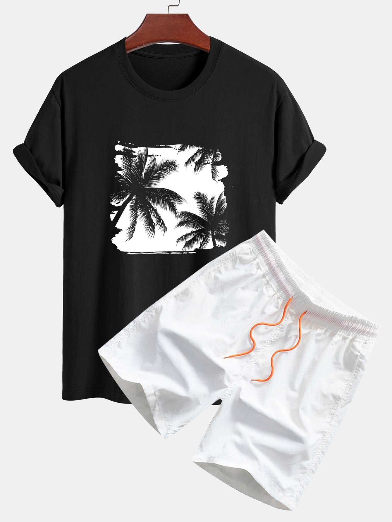 Regular Fit Palm Trees Silhouette Print Cotton T-Shirt & Swim Shorts — North Row | Detail View