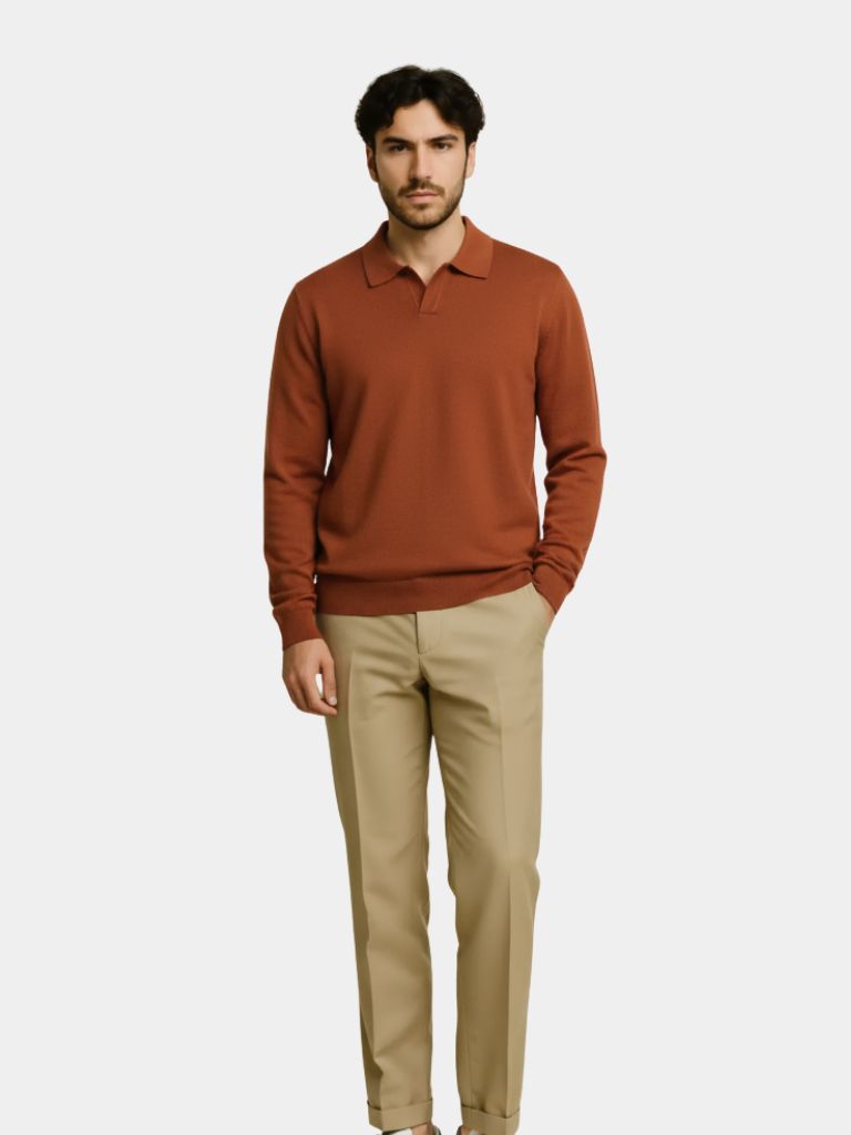 100% Wool Knit V Neck Turndown Polo Pullover — North Row | Back View