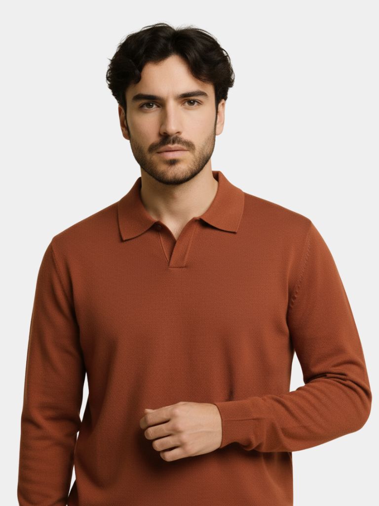 100% Wool Knit V Neck Turndown Polo Pullover — North Row | Front View