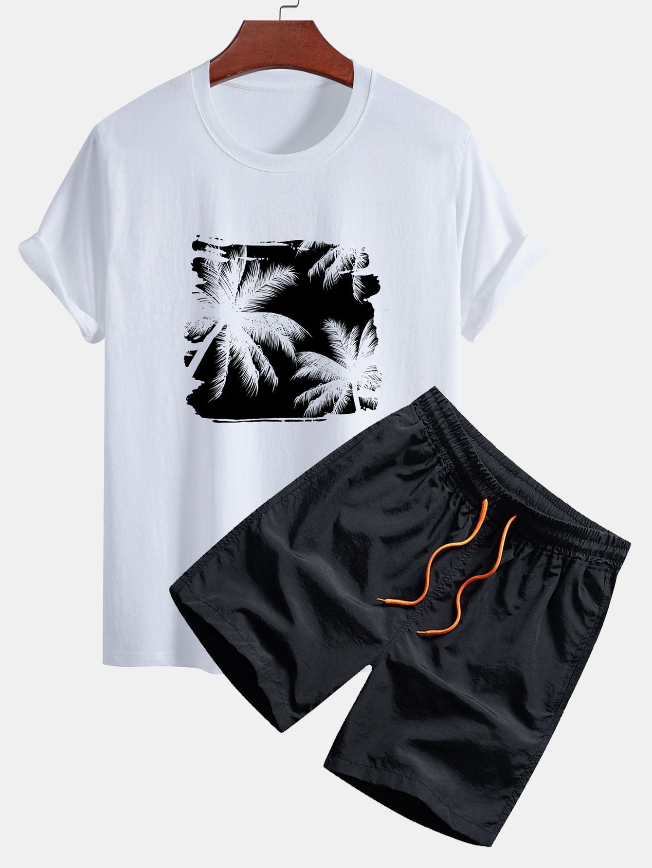 Regular Fit Palm Trees Silhouette Print Cotton T-Shirt & Swim Shorts — North Row | Side View