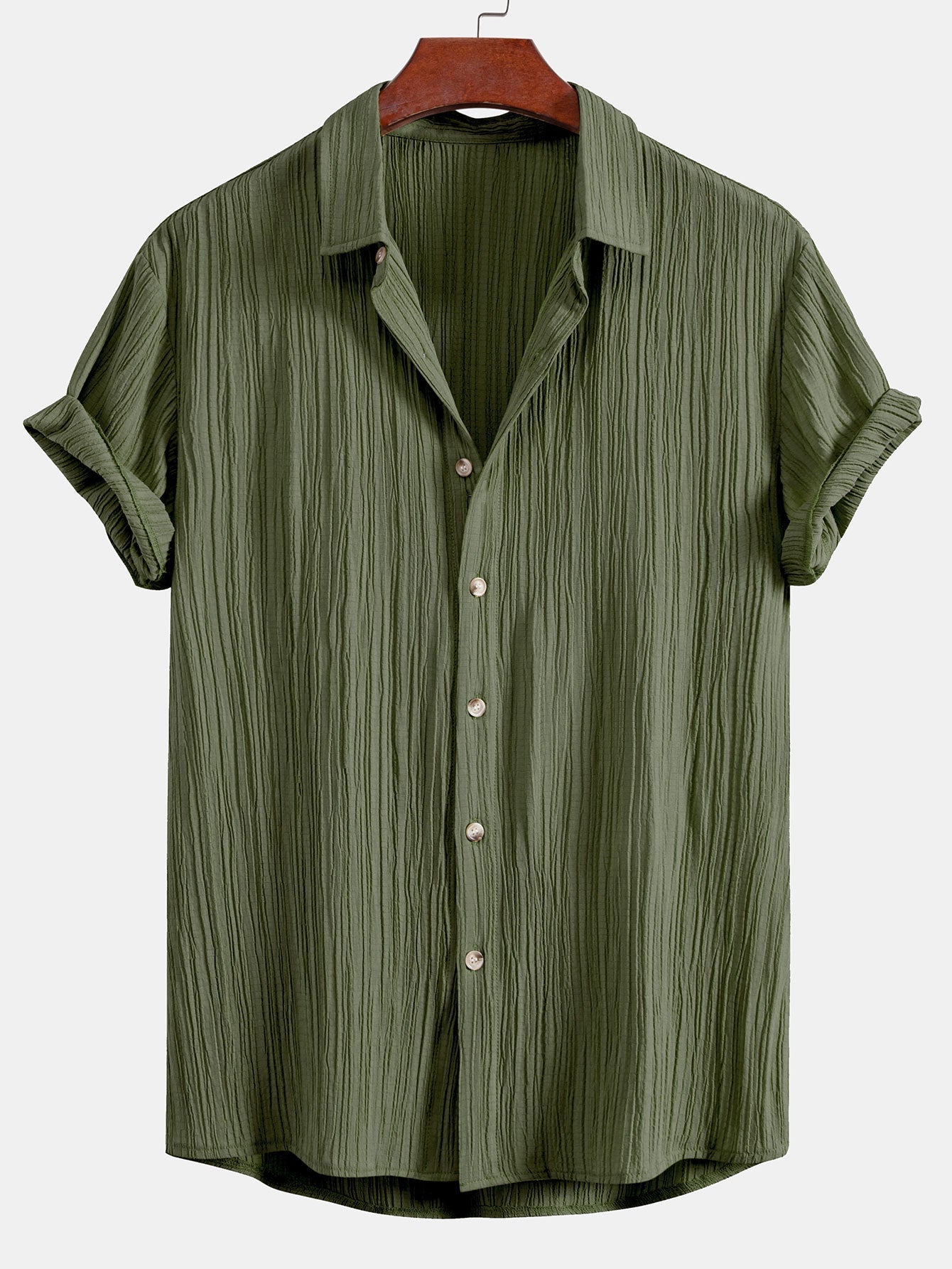 Crinkled Textured Button Up Shirt & Crinkle Textured Straight Leg Pants — North Row | Flat Lay