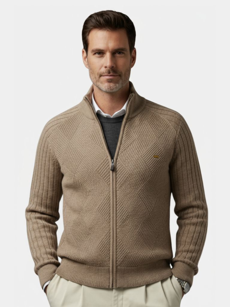 Knit Zipper Jacquard Solid Color Cardigan Sweater — North Row | Side View