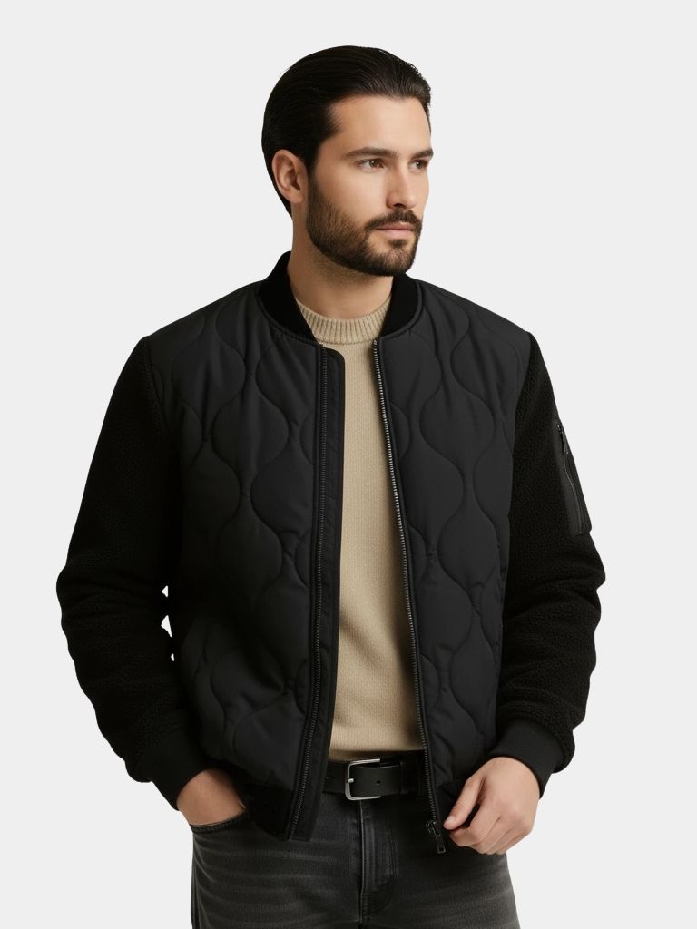 Sherpa Sleeves Padded Bomber Jacket — North Row | Side View