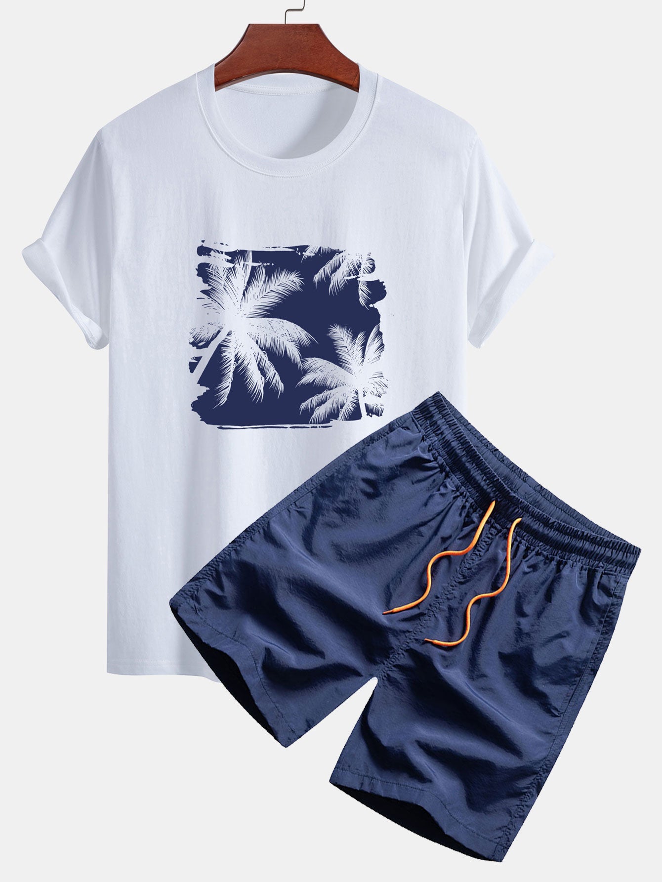 Regular Fit Palm Trees Silhouette Print Cotton T-Shirt & Swim Shorts — North Row | Back View