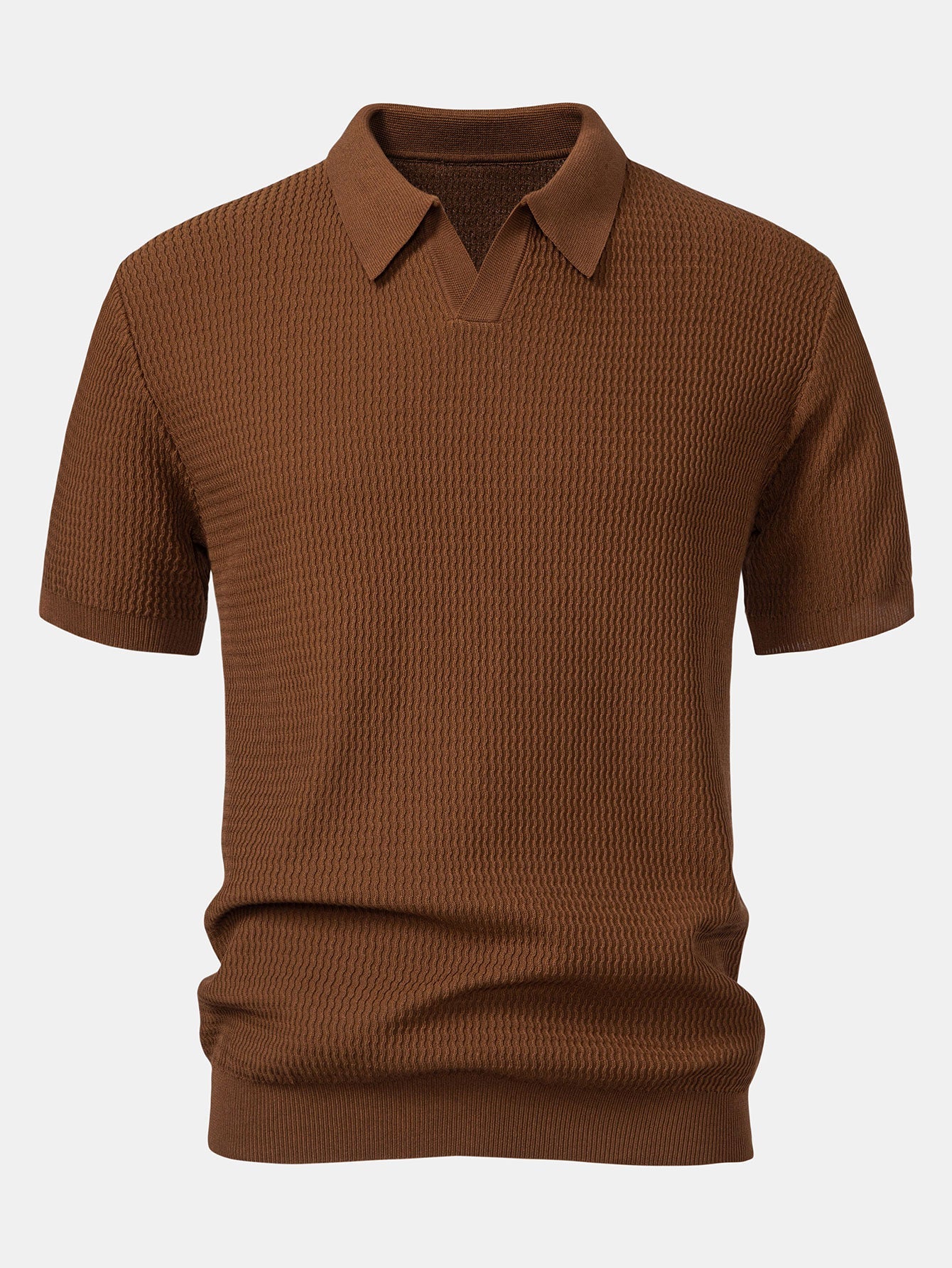 Wave Jacquard Knit V Neck Polo Shirt & Slim Fit Tapered Trousers — North Row | Collar Detail