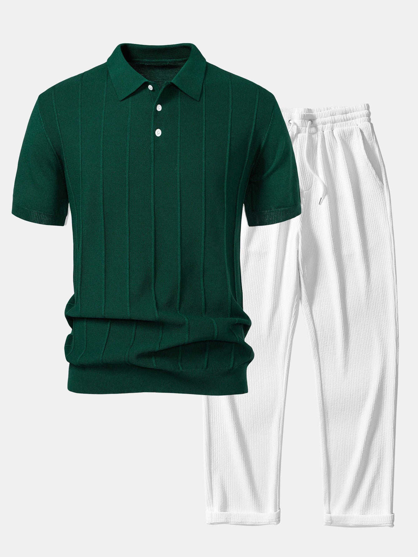 Stripe Jacquard Knit Polo Shirt & Straight Leg Ribbed Pants — North Row | Front View