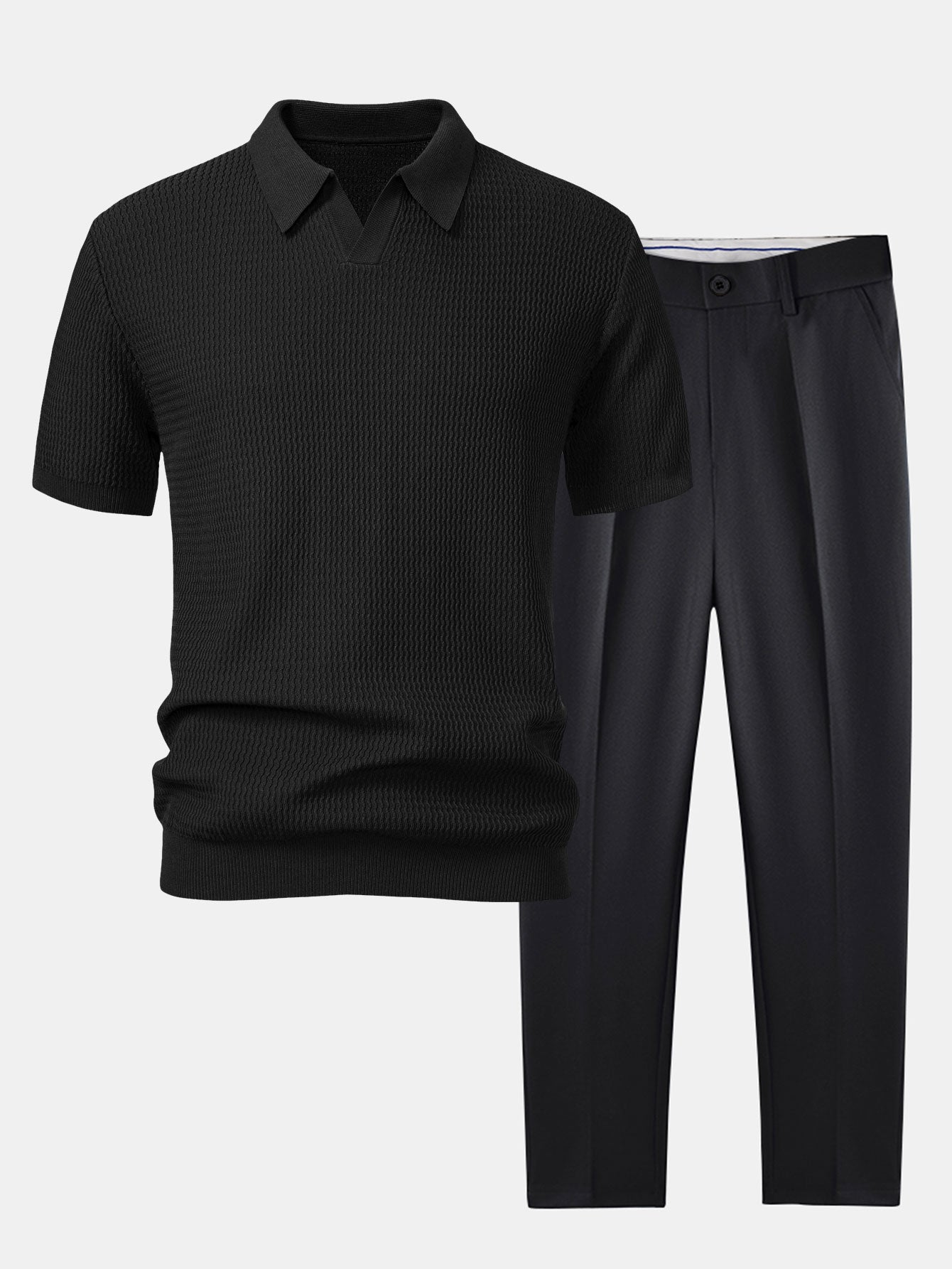 Wave Jacquard Knit V Neck Polo Shirt & Slim Fit Tapered Trousers — North Row | Side View