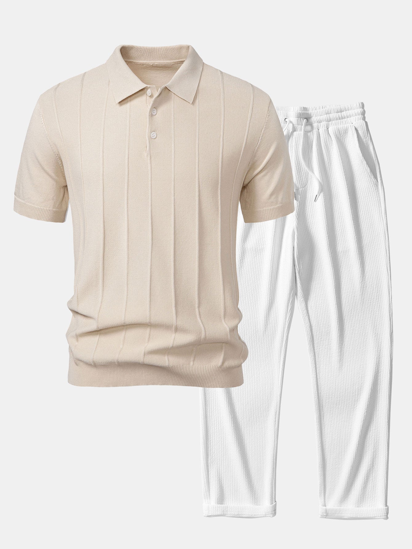 Stripe Jacquard Knit Polo Shirt & Straight Leg Ribbed Pants — North Row | Back View