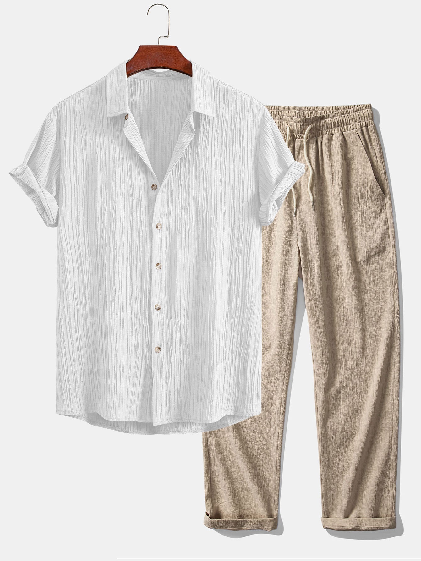 Crinkled Textured Button Up Shirt & Crinkle Textured Straight Leg Pants — North Row | Close-Up