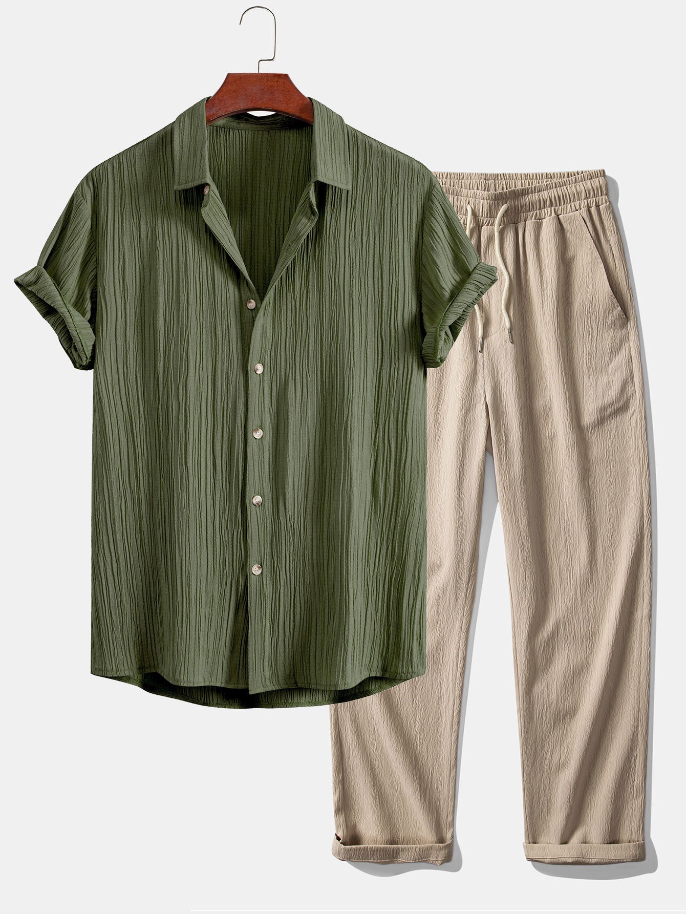 Crinkled Textured Button Up Shirt & Crinkle Textured Straight Leg Pants — North Row | Front View