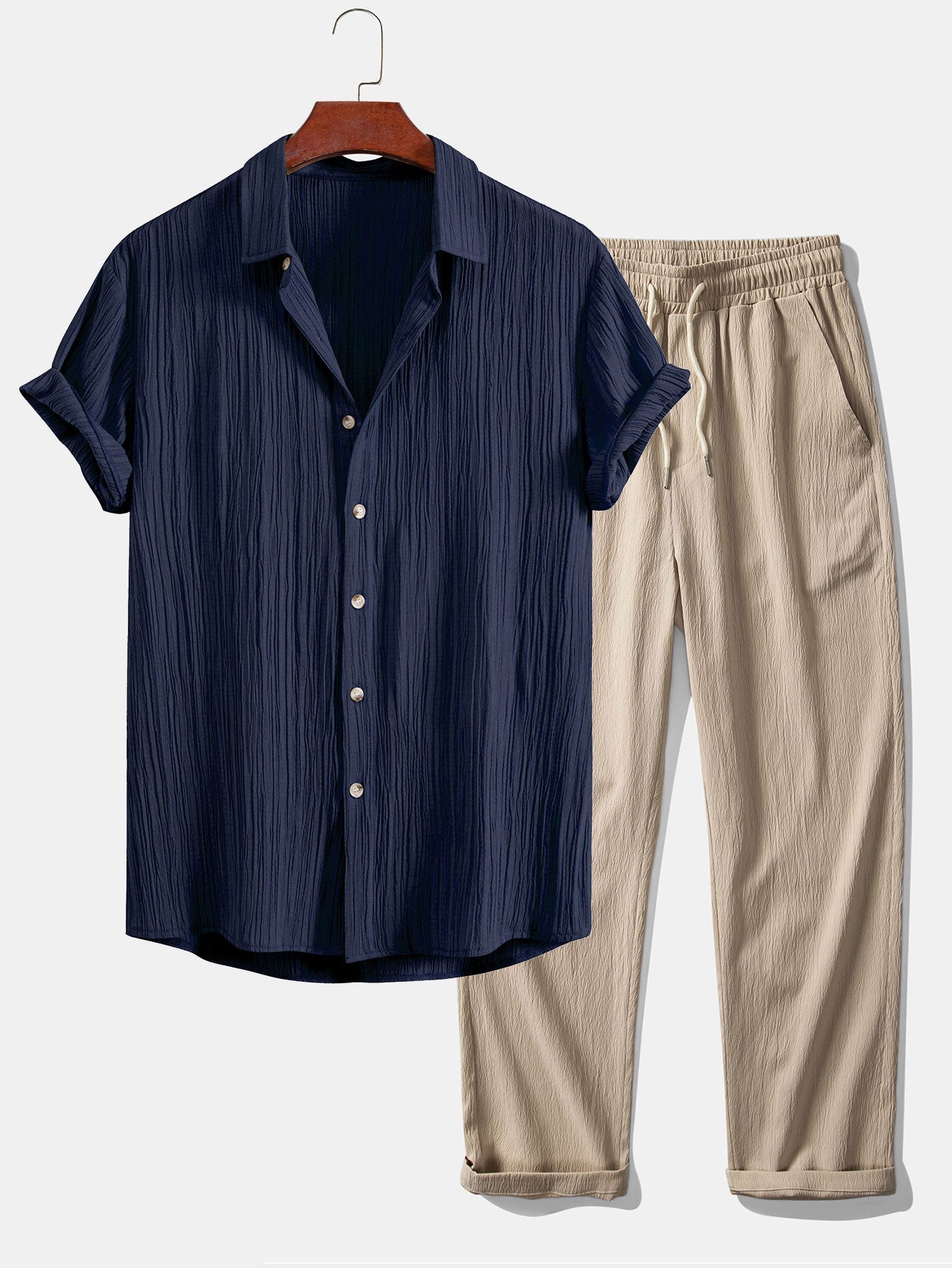 Crinkled Textured Button Up Shirt & Crinkle Textured Straight Leg Pants — North Row | Back View