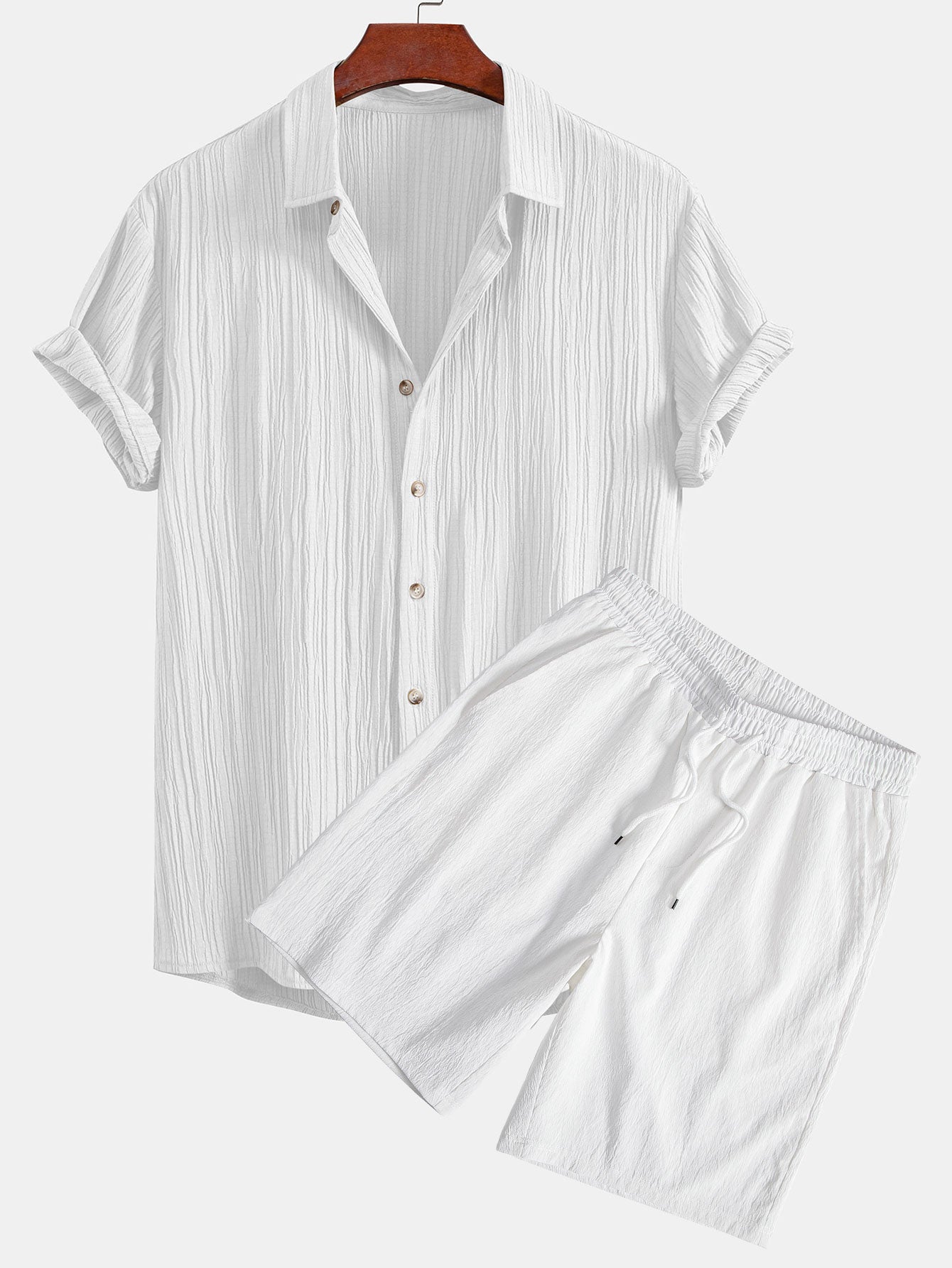 Crinkled Textured Button Up Shirt & Crinkled Textured Drawstring Shorts — North Row | Front View