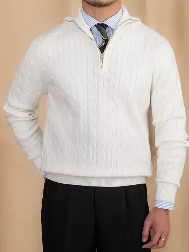 Premium Cable-Knit Zip Neck Sweater — North Row | Close-Up