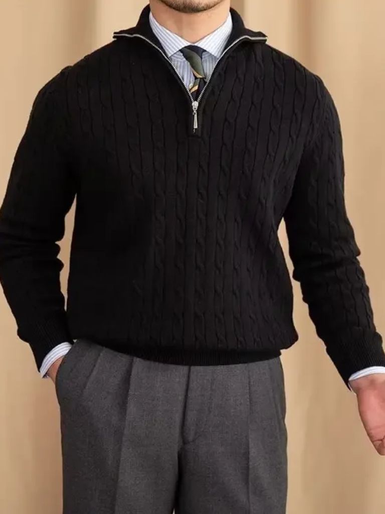 Premium Cable-Knit Zip Neck Sweater — North Row | Detail View
