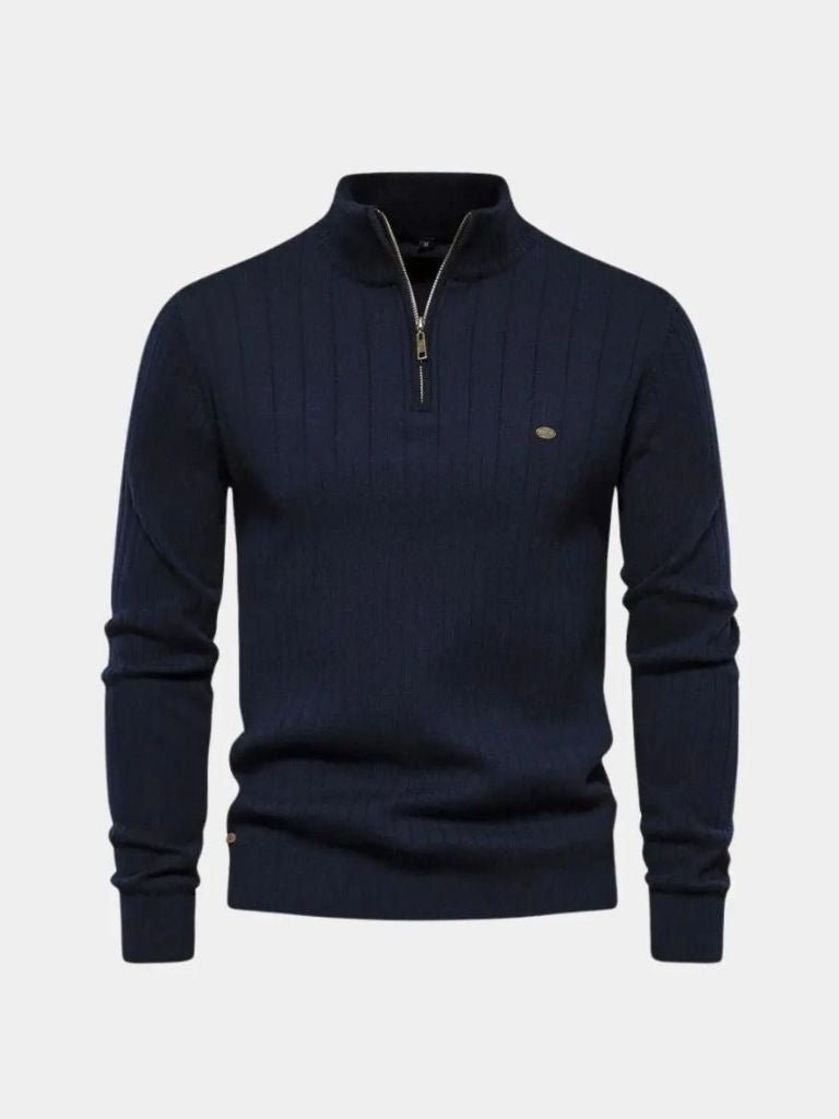 Cotton Knit Vertical Stripes Quarter-Zip Sweater — North Row | Collar Detail