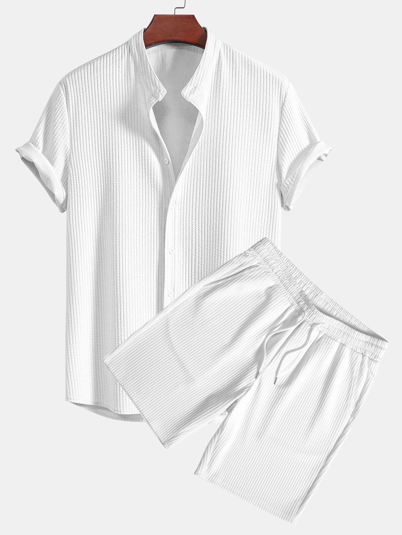 Muscle Fit Ribbed Stand Collar Shirt & Shorts — North Row | Detail View