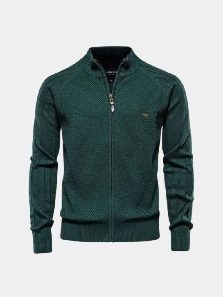 Knit Zipper Jacquard Solid Color Cardigan Sweater — North Row | Close-Up