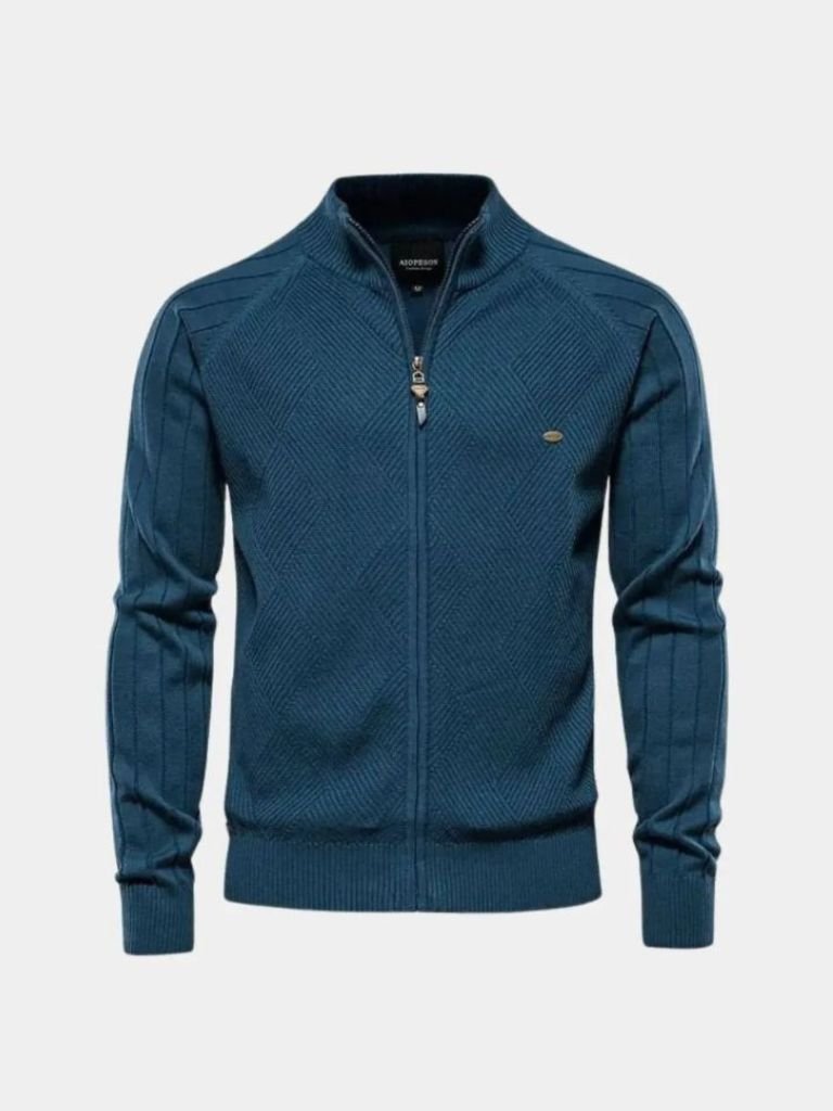Knit Zipper Jacquard Solid Color Cardigan Sweater — North Row | Texture Detail