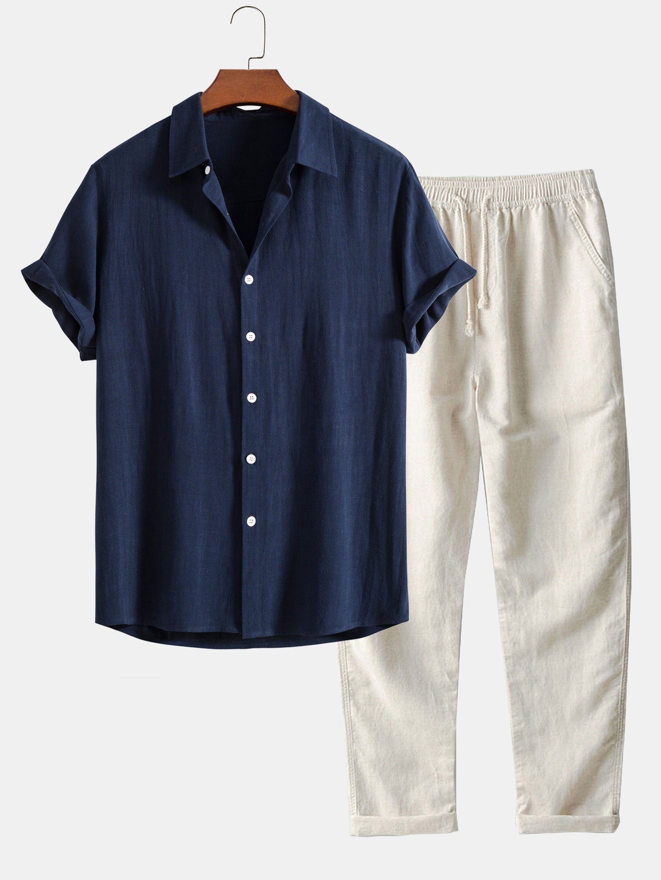 Linen Rayon Blend Button Up Shirt & Straight Leg Linen Pants — North Row | Front View