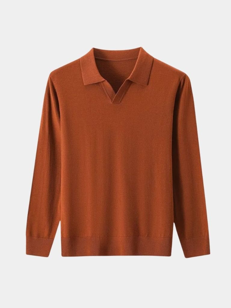100% Wool Knit V Neck Turndown Polo Pullover — North Row | Side View