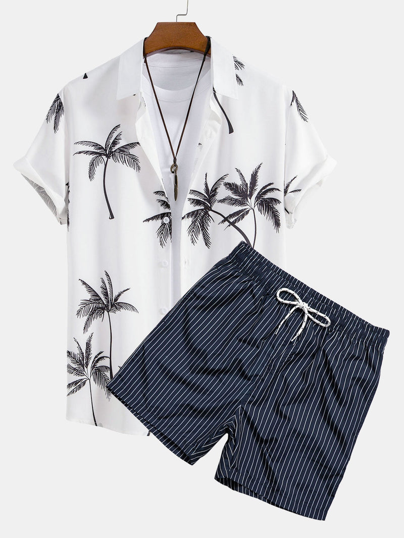 Palm Tree Print Button Up Shirt & Striped Print Swim Shorts — North Row | Front View