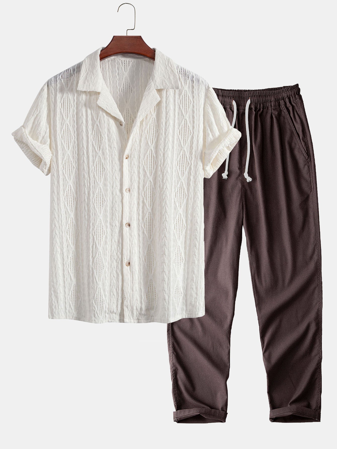 Geometric Jacquard Eyelet Cuban Shirt & Straight Leg Linen Pants — North Row | Detail View