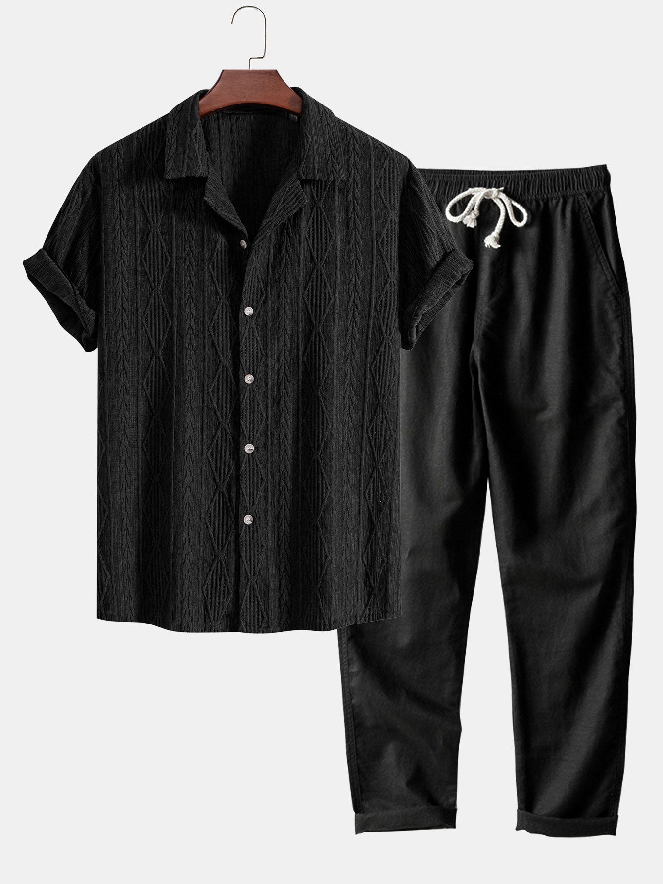 Geometric Jacquard Eyelet Cuban Shirt & Straight Leg Linen Pants — North Row | Back View