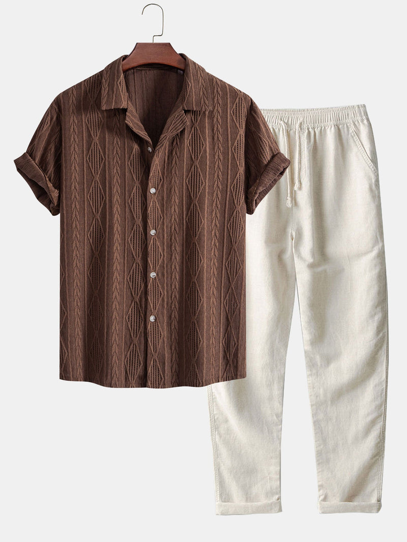 Geometric Jacquard Eyelet Cuban Shirt & Straight Leg Linen Pants — North Row | Front View