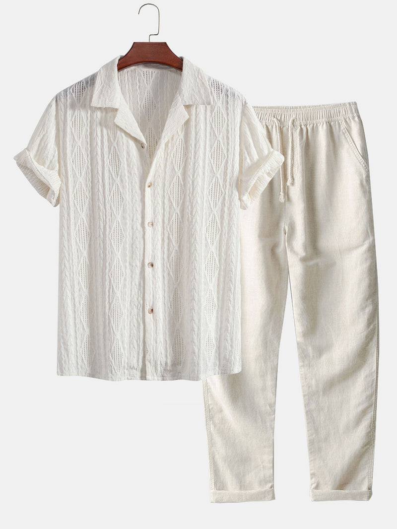 Geometric Jacquard Eyelet Cuban Shirt & Straight Leg Linen Pants — North Row | Side View