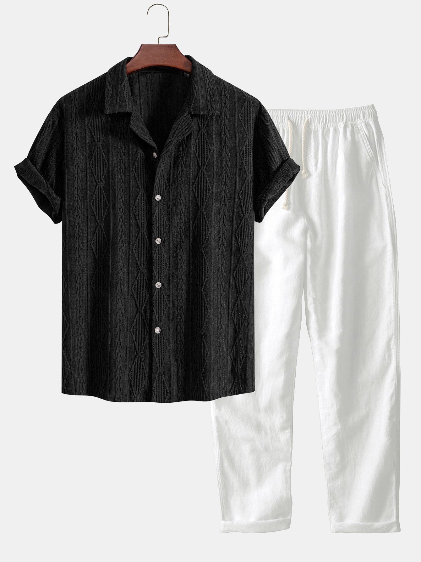 Geometric Jacquard Eyelet Cuban Shirt & Straight Leg Linen Pants — North Row | Lifestyle