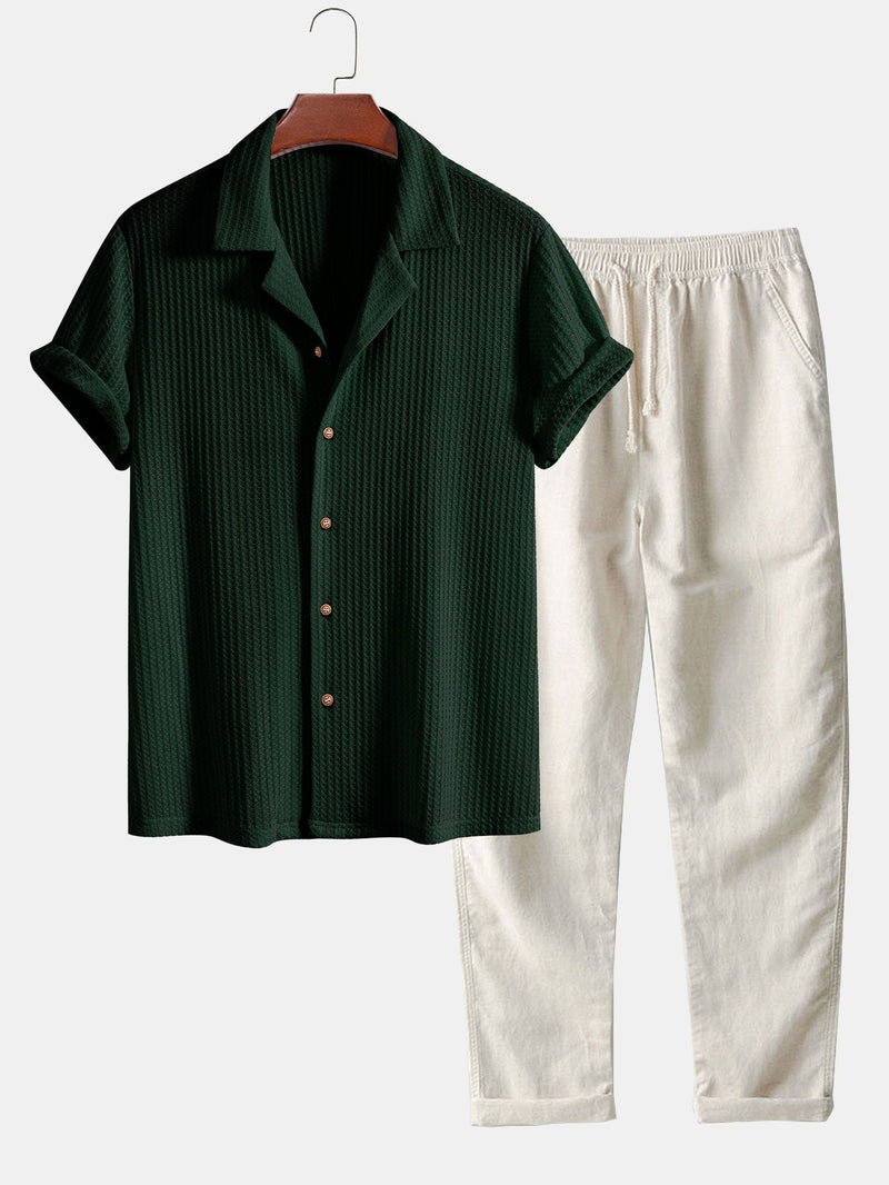 Short Sleeve Knitted Waffle Cuban Shirt & Straight Leg Linen Pants — North Row | Front View