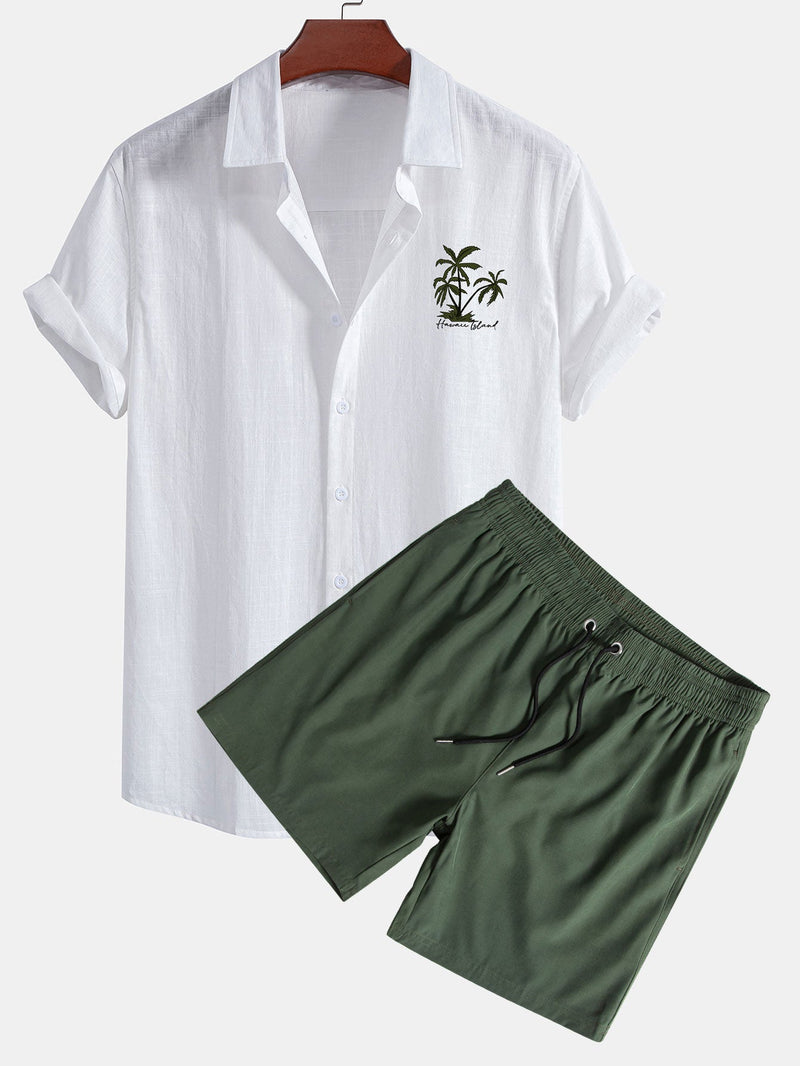Hawaii Palm Tree Print Linen Look Cotton Button Up Shirt & Swim Shorts — North Row | Front View