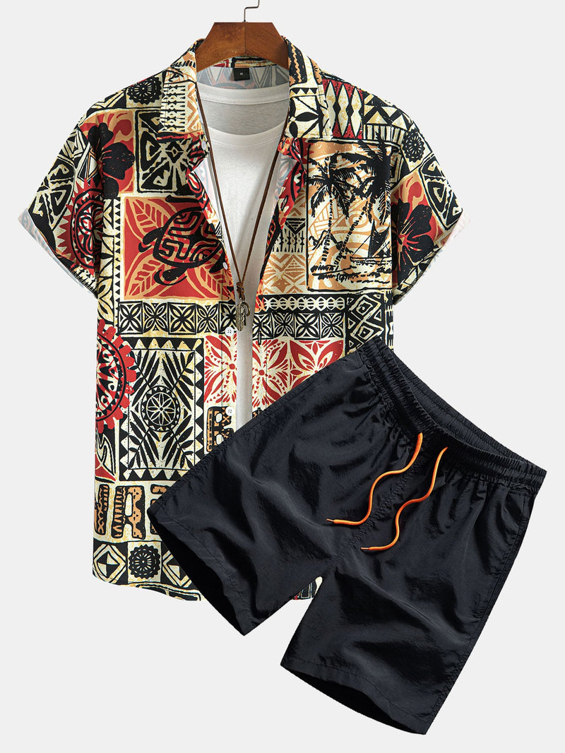 Palm Tree Turtle Ethnic Geometry Print Button Up Shirt & Swim Shorts — North Row | Front View