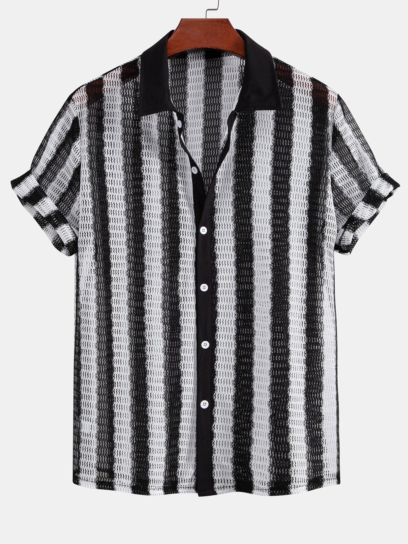Hollow Out Stripe Textured Button Up Shirt — North Row | Front View