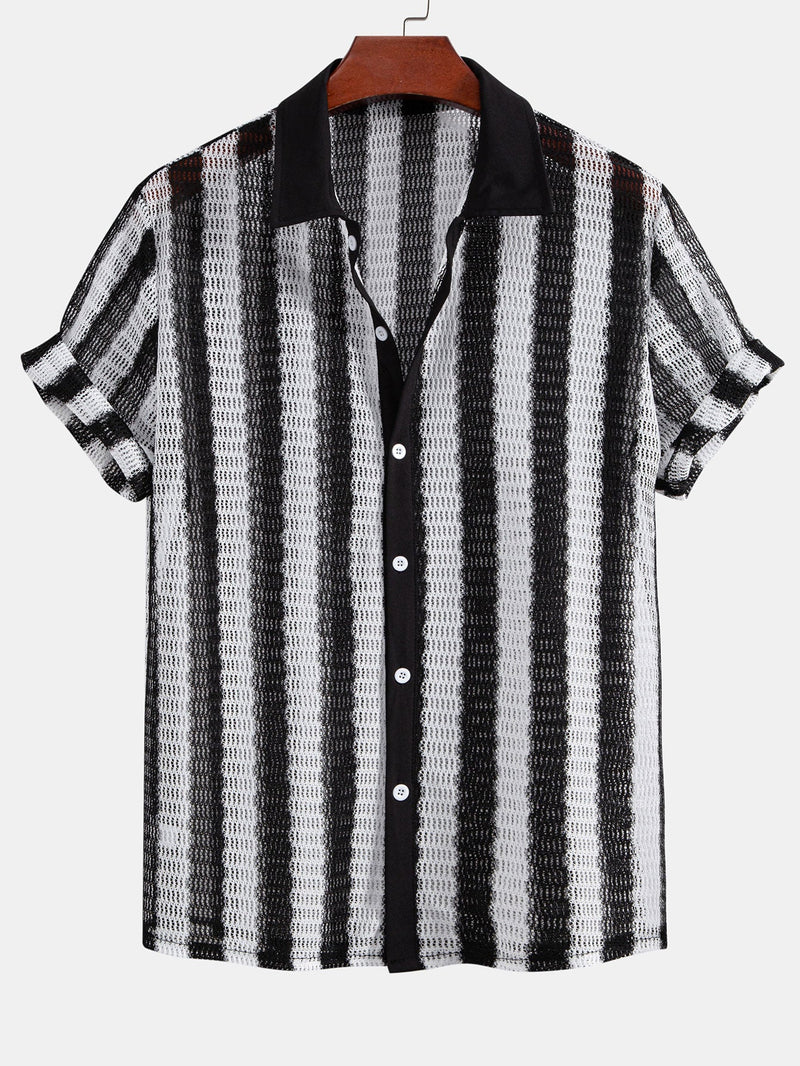 Hollow Out Stripe Textured Button Up Shirt — North Row | Front View