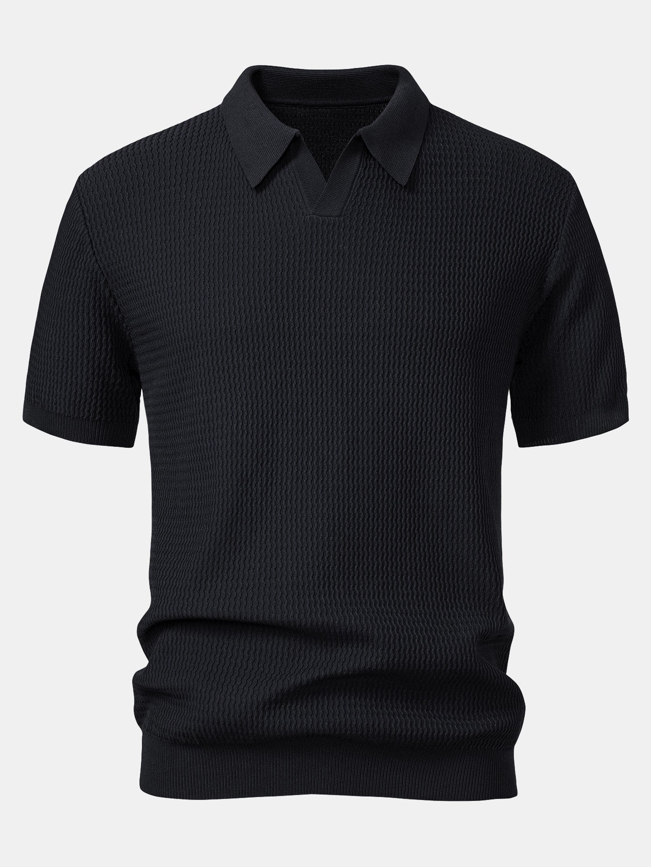 Wave Jacquard Knit V Neck Polo Shirt & Slim Fit Tapered Trousers — North Row | Flat Lay