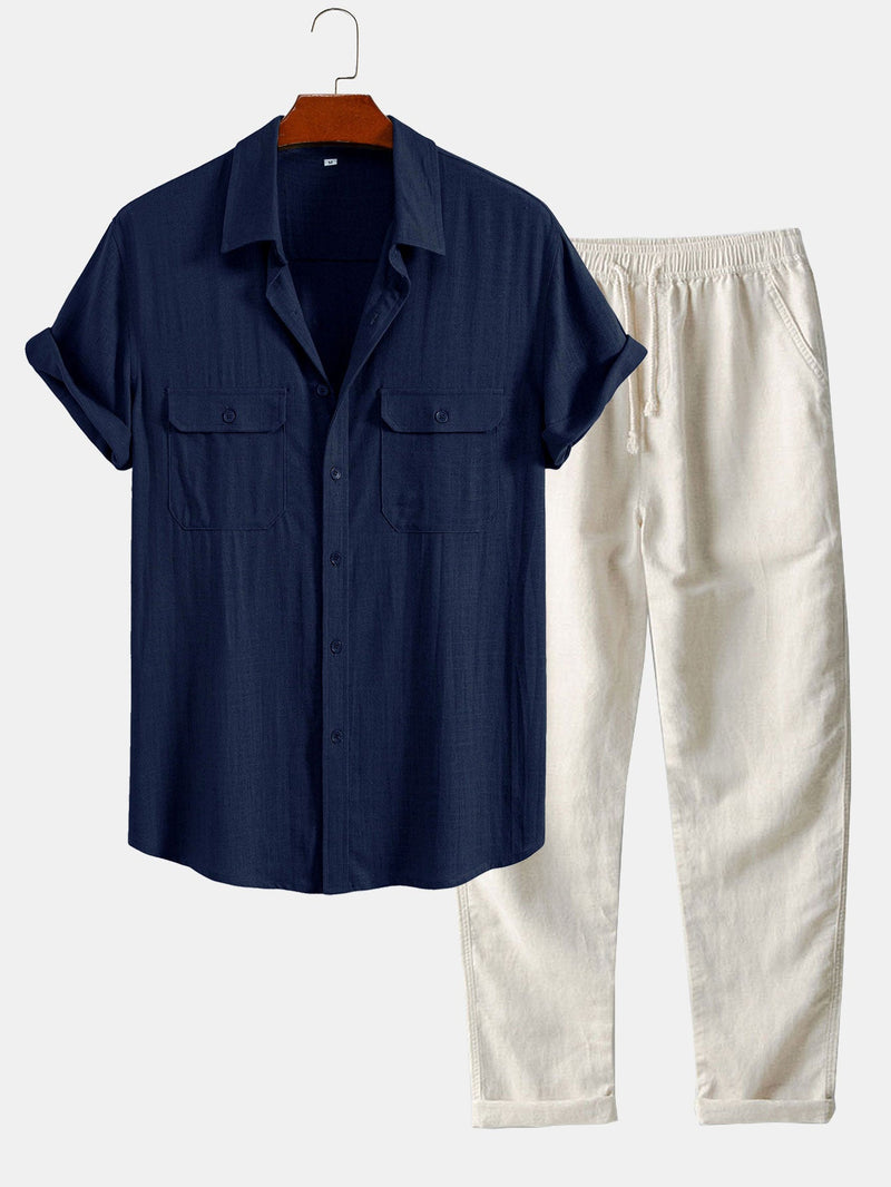 Linen Rayon Blend Pocket Utility Shirt & Straight Leg Linen Pants — North Row | Front View